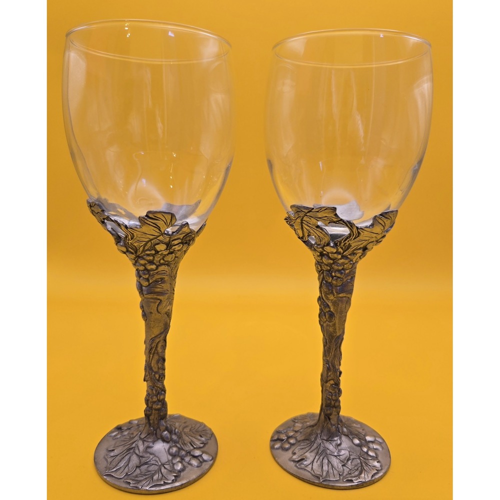 Vintage Wine‎ Glasses Seagull Pewter Hand Blown Elain Zinn Grape Design 1990